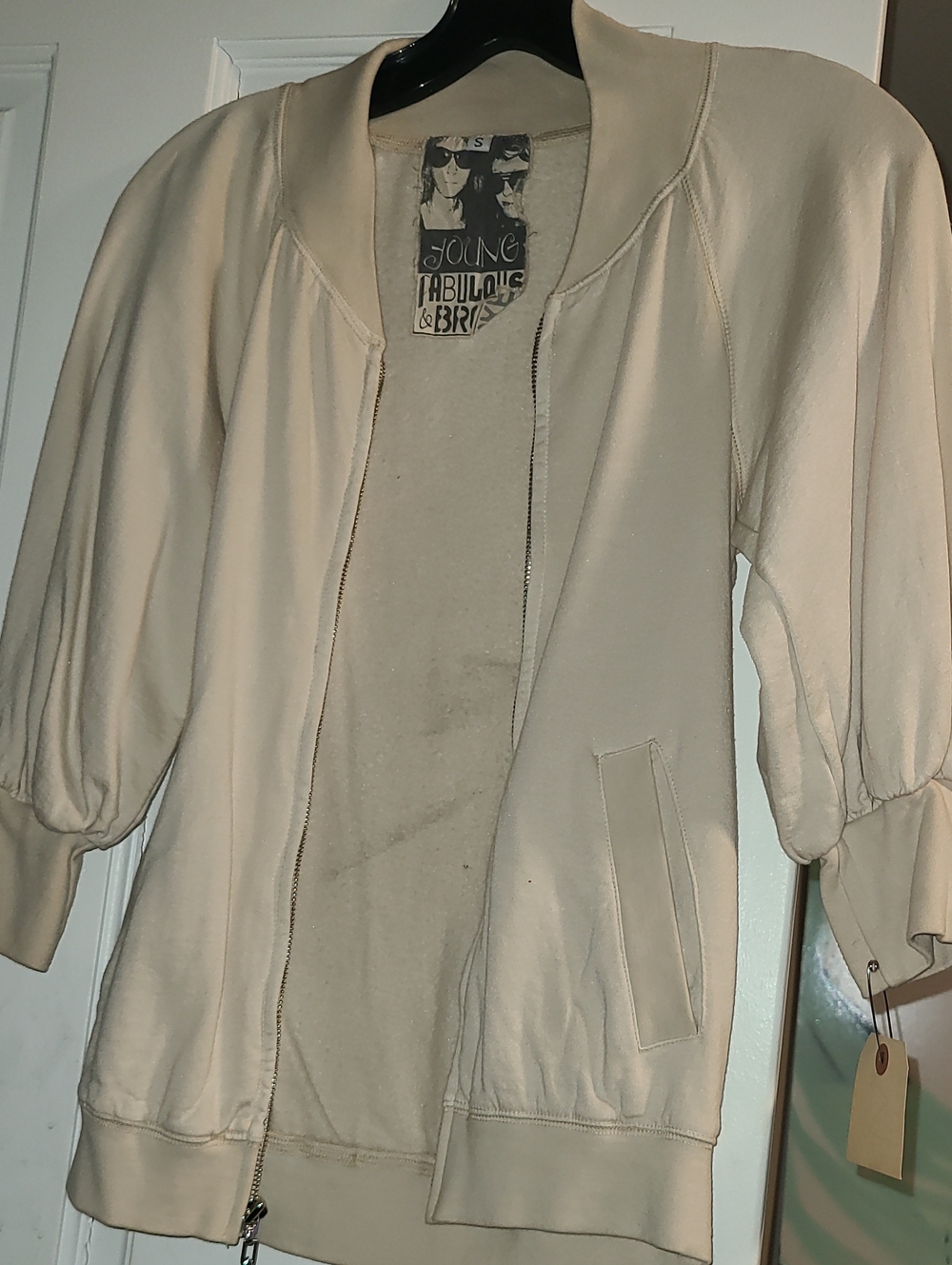 Young Fabulous & Broke Light Cream Puff-Sleeve Bomber Jacket